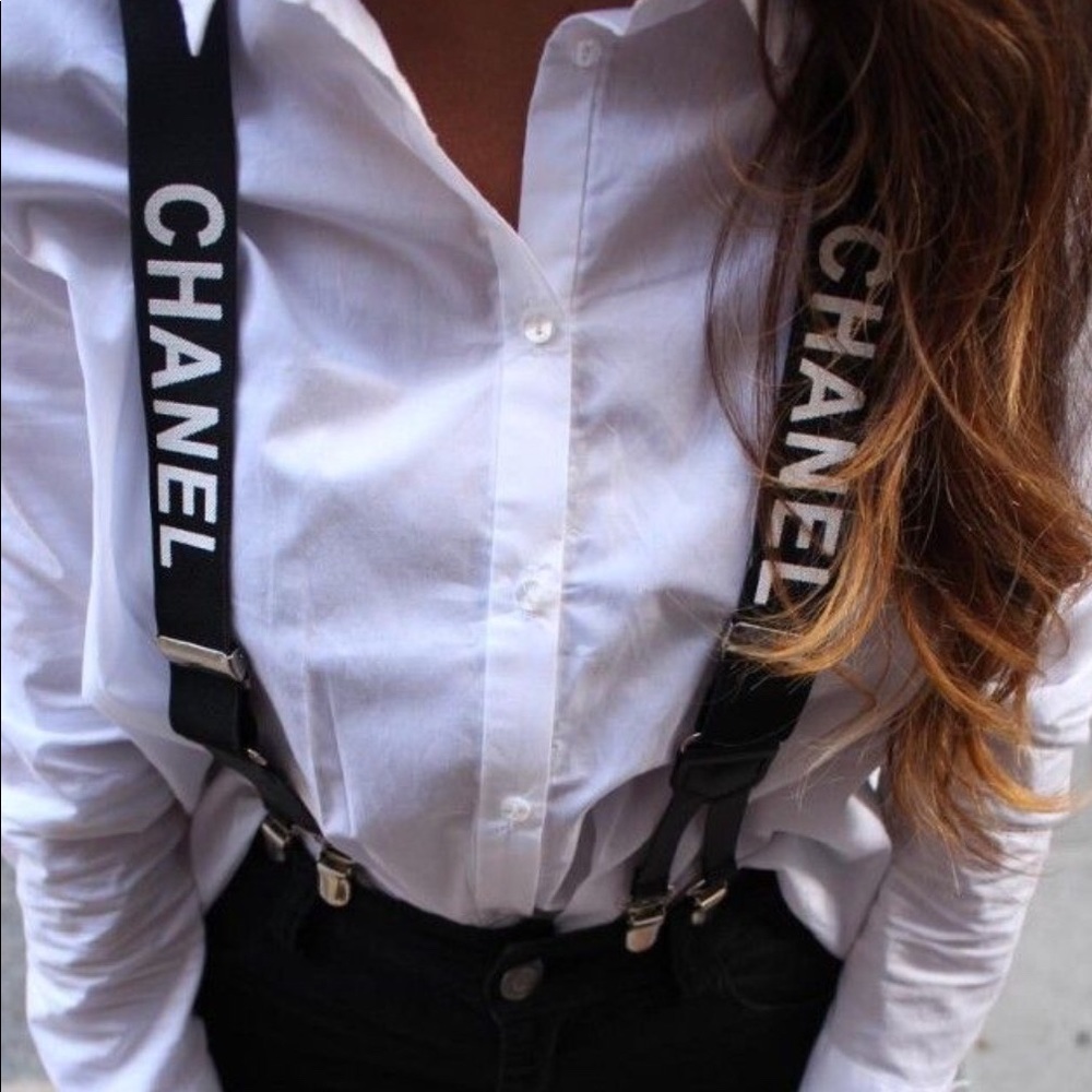 Black Chanel Signature Monogram Logo Suspenders